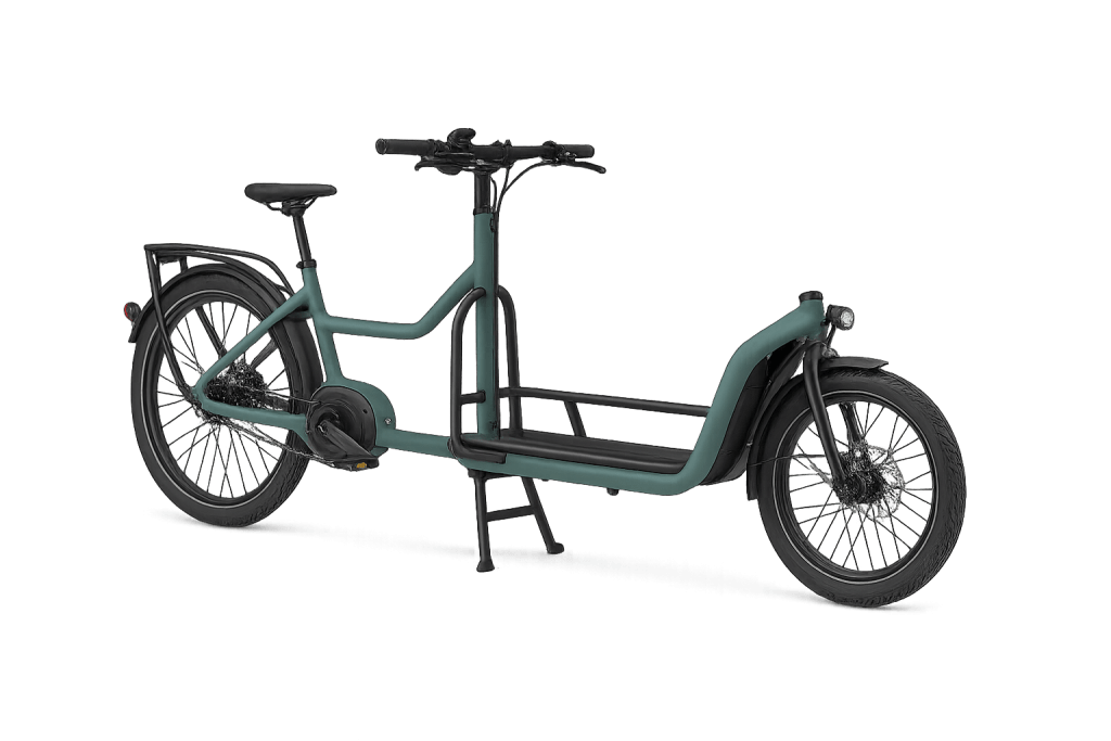 Photo de trois quarts d'un vélo cargo Flatbed Pro noir et bleu lagon.