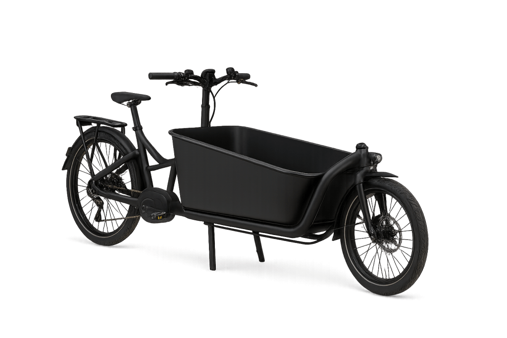 Photo de trois quarts d'un vélo cargo Load Pro noir mat.