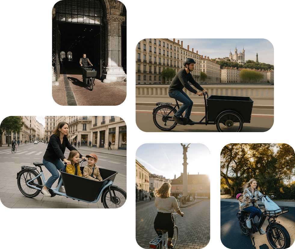 Gallerie photos, avec une alternance de photos formats paysages et portraits de particulier ou professionnel utilisant le vélo cargo.