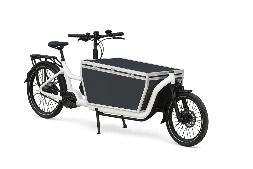 Photo de trois quarts d'un vélo cargo biporteur noir et blanc avec un coffre à l'avant.