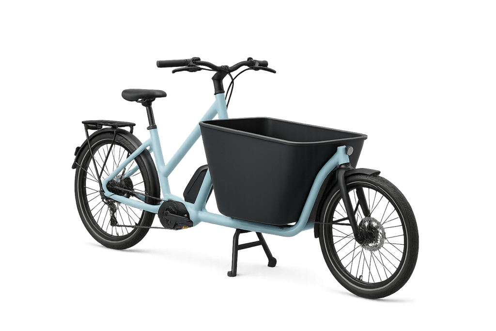 Photo de trois quarts d'un vélo cargo biporteur noir et blanc avec une caisse à l'avant.