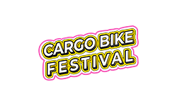 Logo de cargo bike festival, écrit en lettre capitale blanche avec un contour en dégradé jaune et noir, très dynamique. Une typo un peu ronde. Le logo est entouré par un tracé rose.