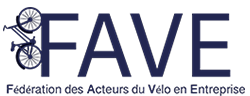 Logo de FAVE - Fédération des Acteurs du Vélo en Entreprise. FAVE est écrit en capitale, avec un vélo à la verticale accolé au F. En bleu marine.