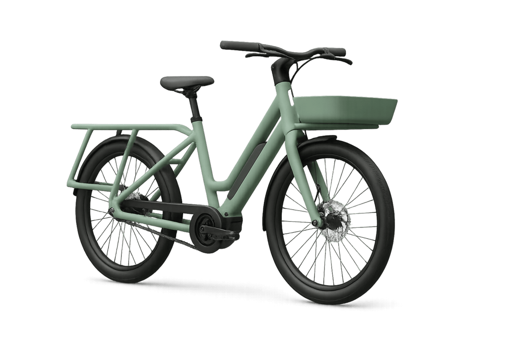 Photo de trois quarts d'un vélo cargo longtail vert pastel avec un panier à l'avant.