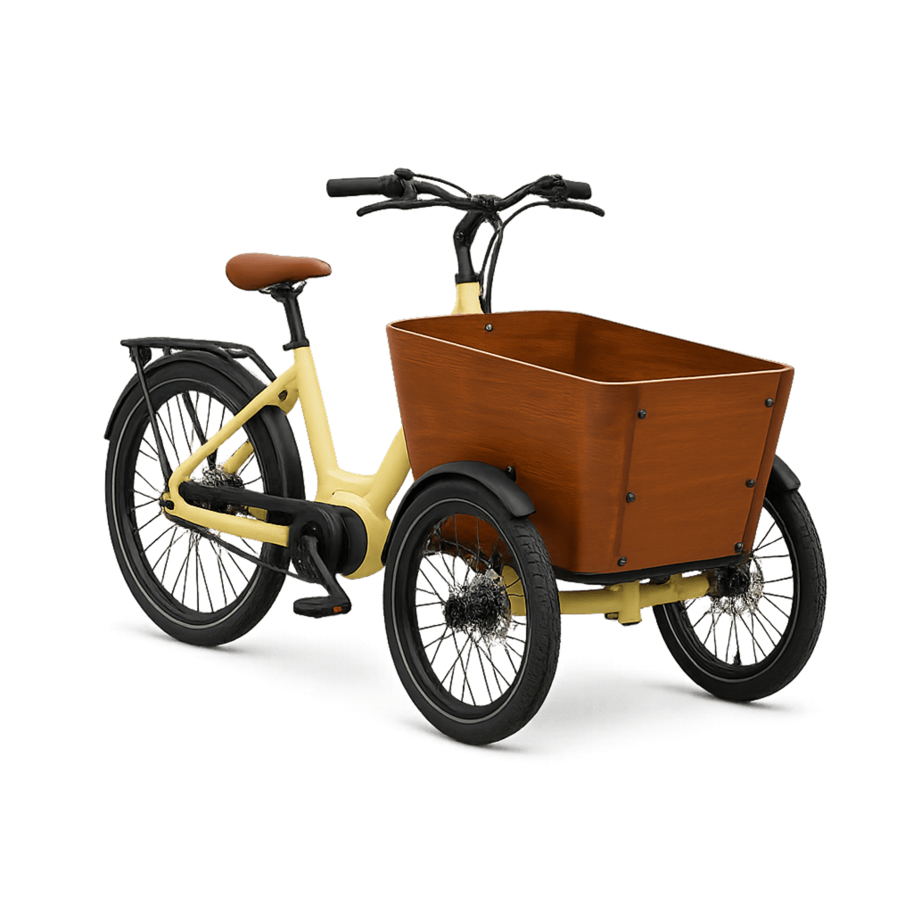 Photo de trois quarts d'un vélo cargo triporteur jaune et noir avec une caisse en bois à l'avant.